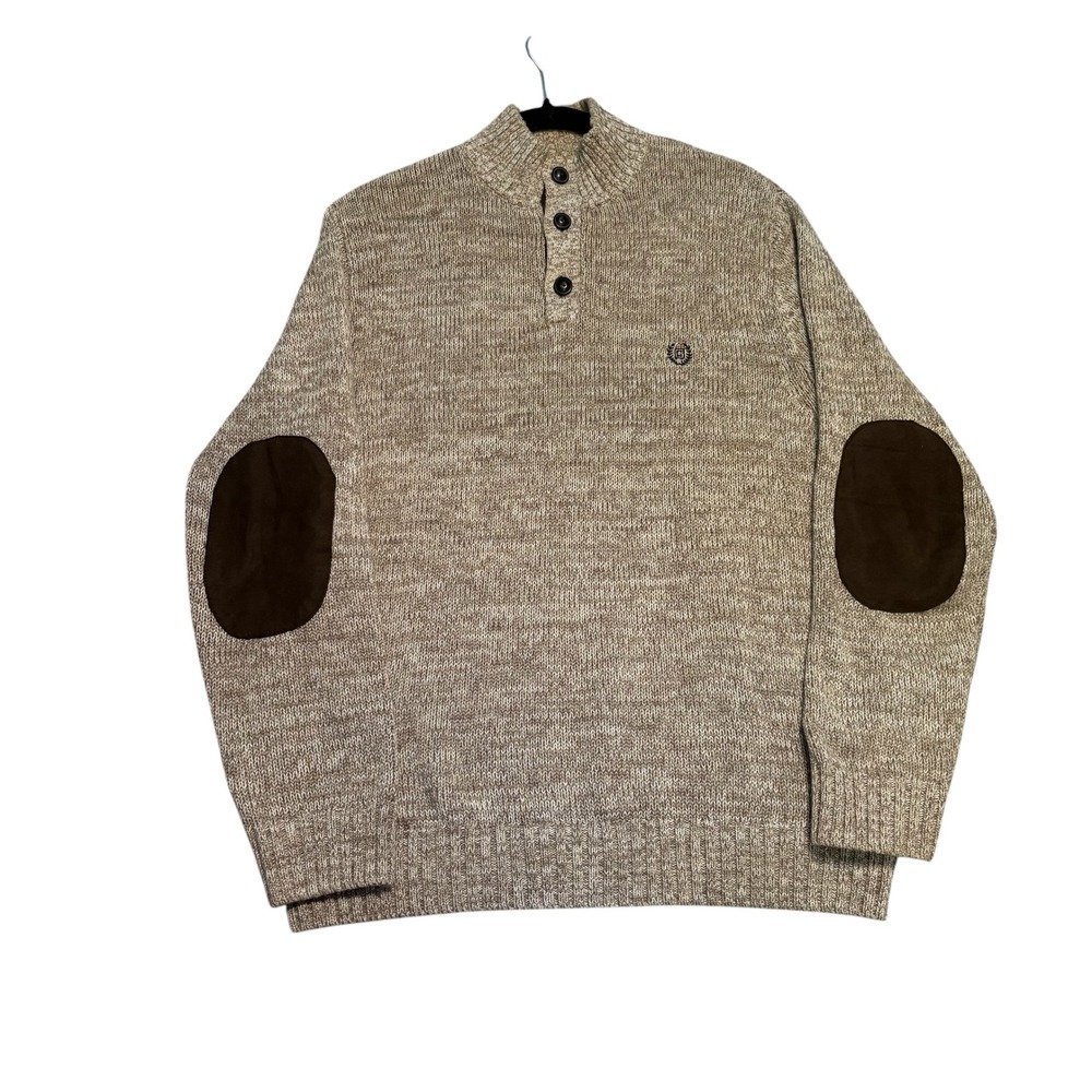 Chaps Sweater Men L Elbow Patch 100% Cotton Marl Mock Neck 3 Button Light Brown
